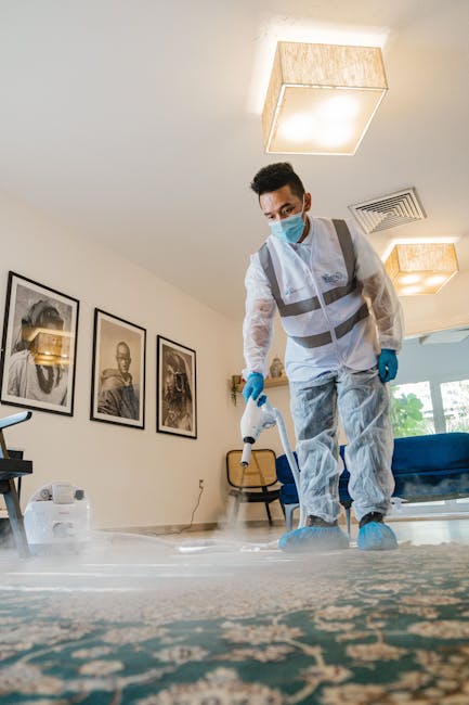 A professional cleaner from Mayfair Carpet Cleaners, dressed in a white protective suit, blue gloves, and a face mask, is performing deep cleaning on a beige carpet in a modern, well-lit living room. 